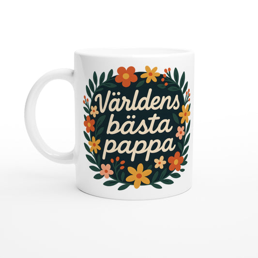 Mugg med blomkrans och text 'Världens bästa pappa' i kompakt design, perfekt för pappa!