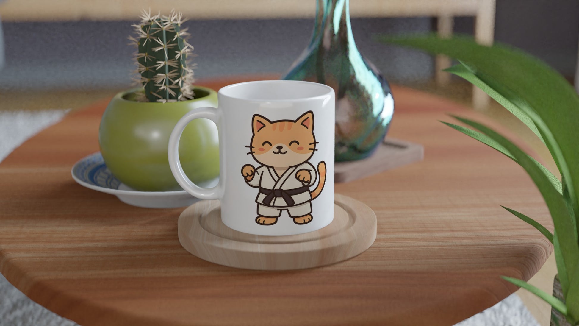 Mugg med katt i judodräkt. Perfekt för djurälskare & judofans!