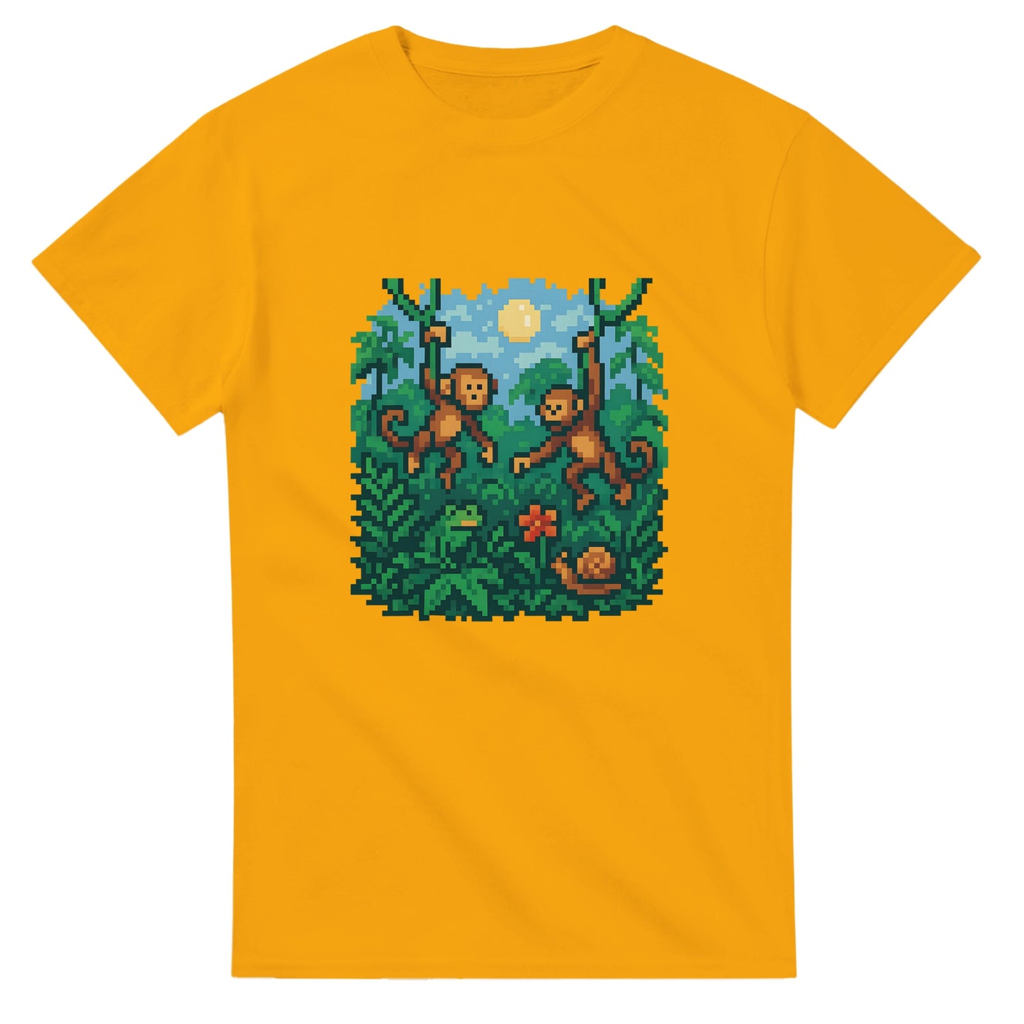8-bitars djungelresa t-shirt med pixelapor och lianer för äventyrliga äventyrare.