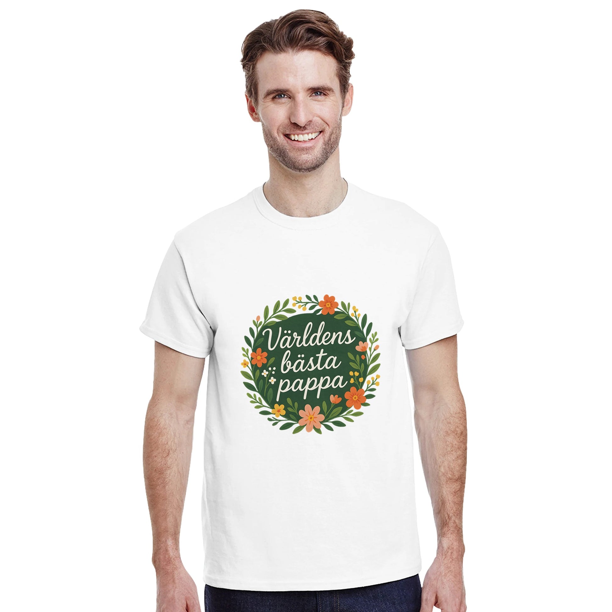 T-shirt med blomkrans och text för världens bästa pappa. Perfekt för att visa uppskattning och kärlek.