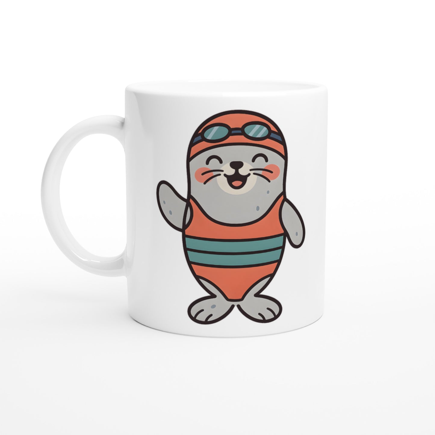 Mugg med glad säl i badkläder, perfekt för en uppiggande start på dagen.