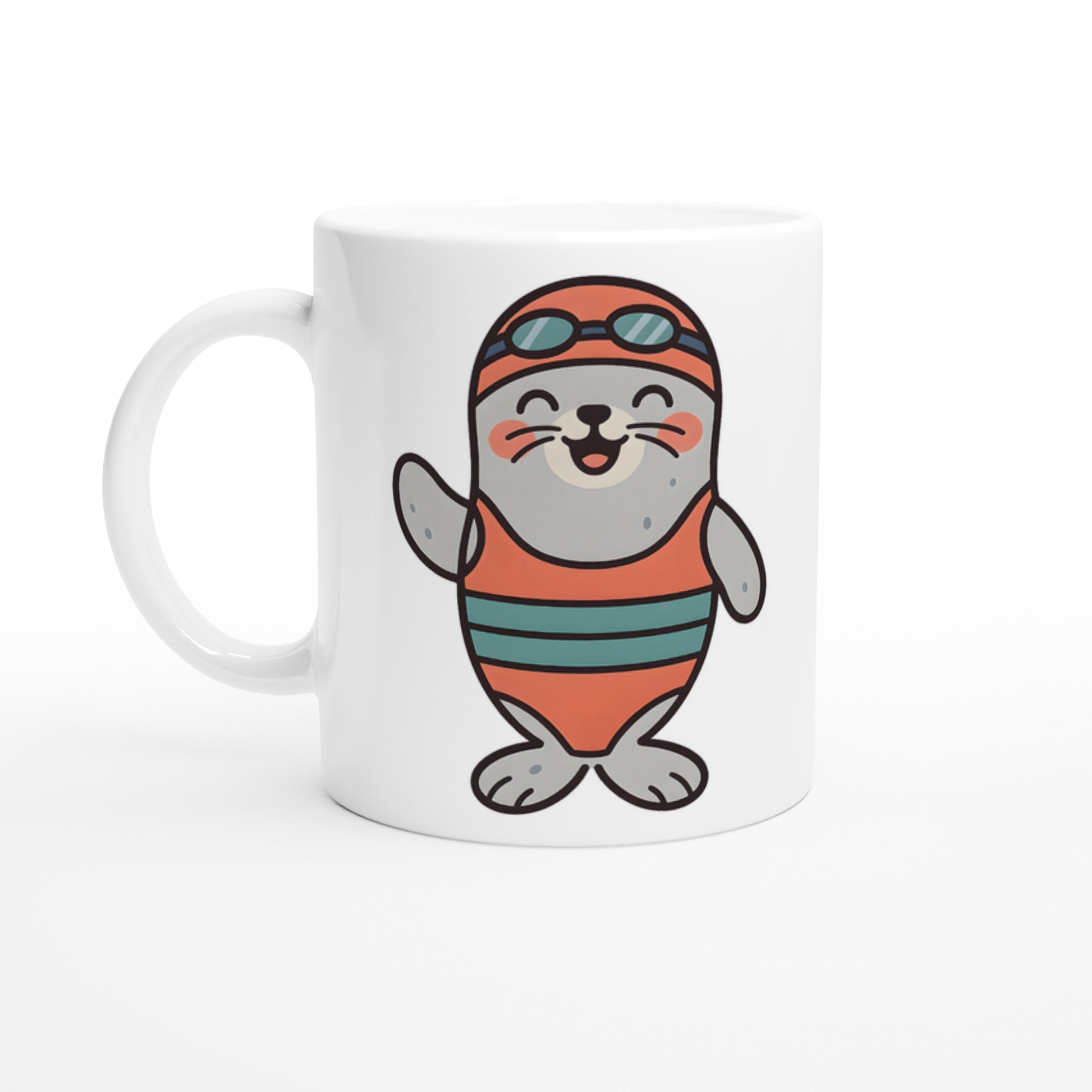 Mugg med glad säl i badkläder, perfekt för en uppiggande start på dagen.