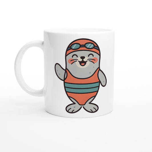 Mugg med glad säl i badkläder, perfekt för en uppiggande start på dagen.