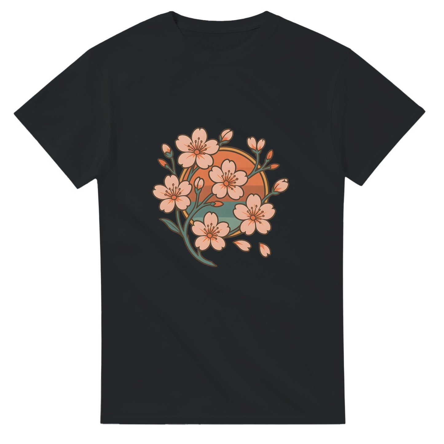 Vårinspirerad T-shirt med körsbärsblommor i retrostil, fånga den japanska vårrenässansen.