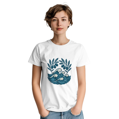 Tidlös T-shirt med grekisk charm, olivgrenar och kustlandskap. Bär stolt Olivträdets Charm.