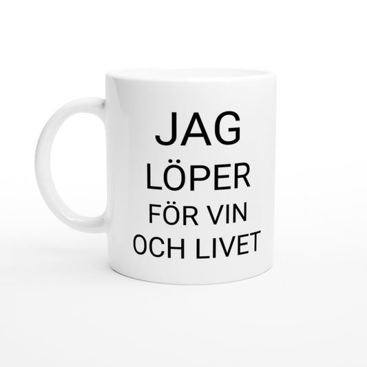Mugg med löpar- och vintema, perfekt för löpare som älskar vin. Humoristisk och unik design.