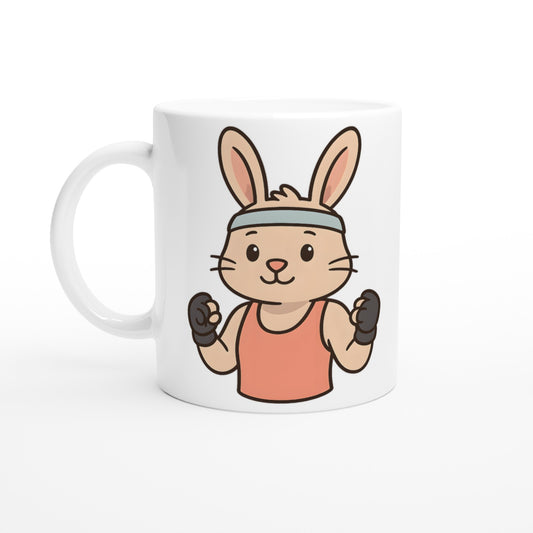 Muskelbyggande kanin i gymkläder på mugg. Perfekt för fitness- och djurälskare!