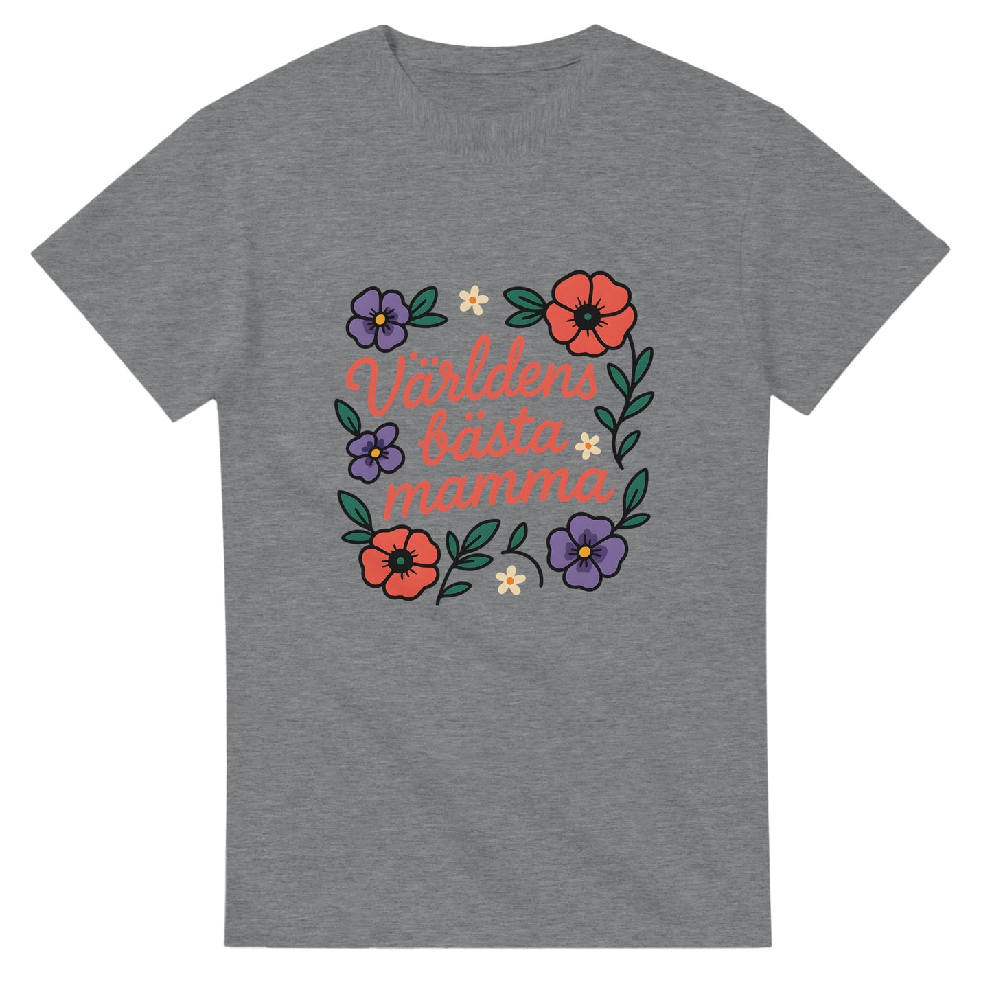 Chic T-shirt med blommönster och 'Världens bästa mamma' i mjukt typsnitt. Perfekt för alla mammor.