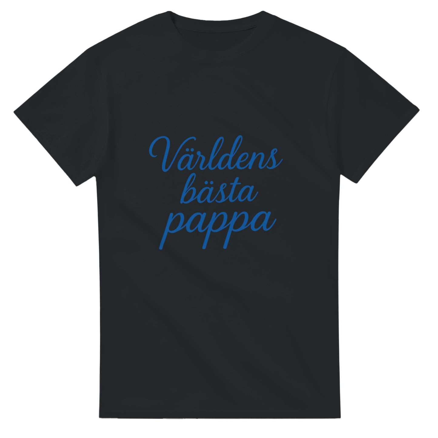 T-shirt med 'Världens bästa pappa' i elegant handskriven font och kunglig blå färg, perfekt för stilfulla pappor.