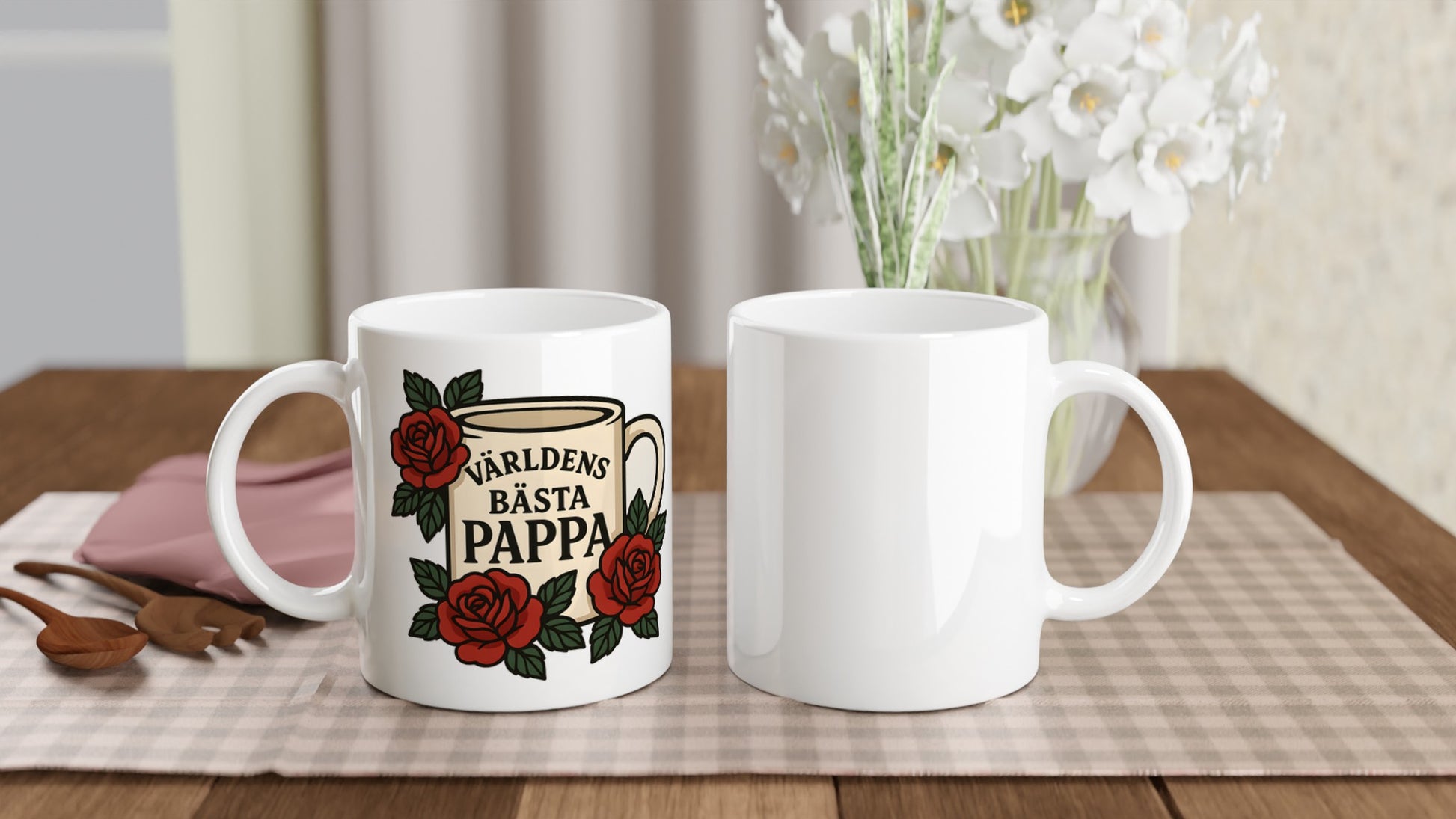 Mugg med rosdesign och typografi, perfekt för världens bästa pappa. Skönhet och känsla i en.