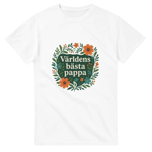 T-shirt för pappa med stil. 'Världens bästa pappa' omgiven av eleganta blommönster i harmoniska färger. Uppskattning visas!