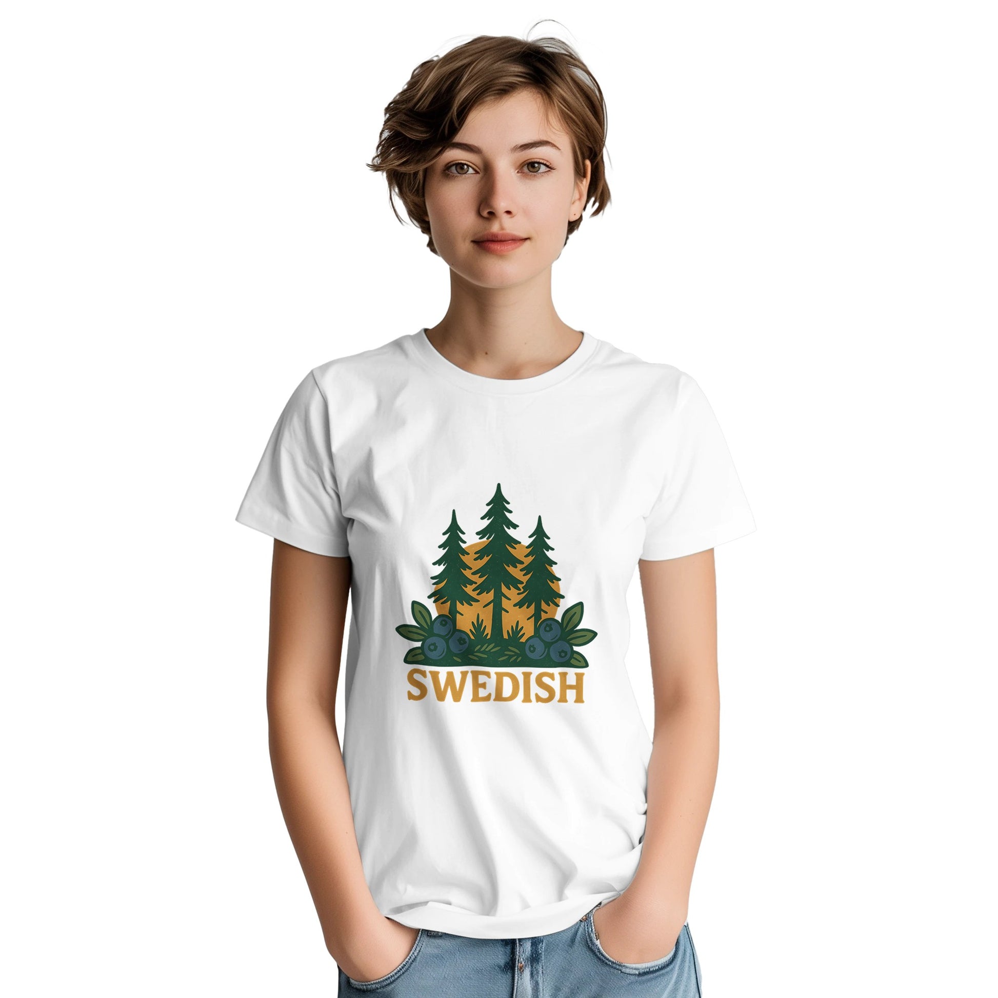 Vintage t-shirt med svensk skogsinspiration, kombinerar stil och natur med bär och barr.