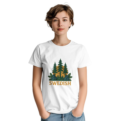 Vintage t-shirt med svensk skogsinspiration, kombinerar stil och natur med bär och barr.