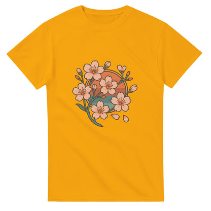 Vårinspirerad T-shirt med körsbärsblommor i retrostil, fånga den japanska vårrenässansen.