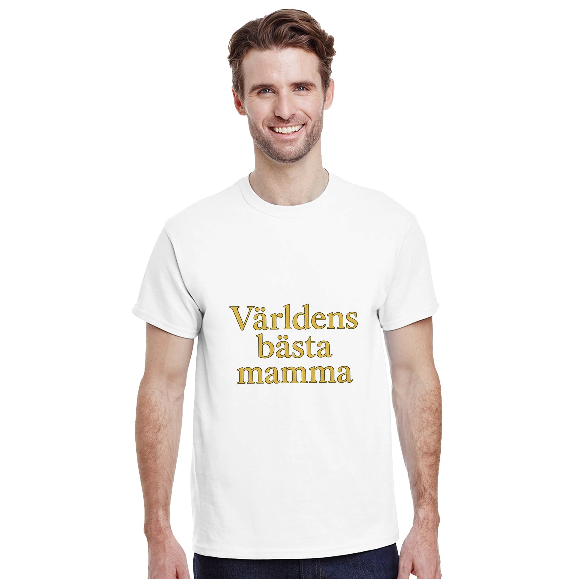 T-shirt med texten 'Världens bästa mamma' i guldtoner och serif-font. En hyllning till livets stjärna!