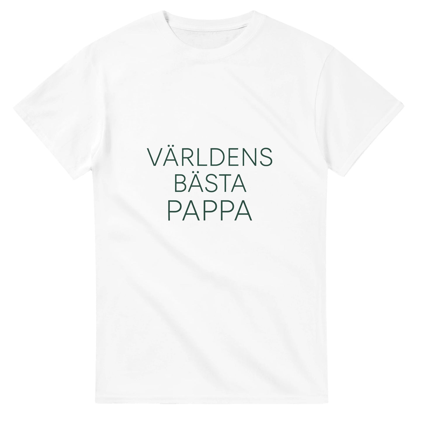 T-shirt med minimalistisk design, 'Världens bästa pappa' i tunn sans-serif font, elegant mörkgrön färg.