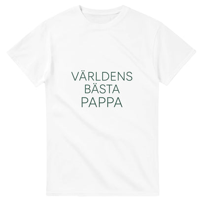 T-shirt med minimalistisk design, 'Världens bästa pappa' i tunn sans-serif font, elegant mörkgrön färg.