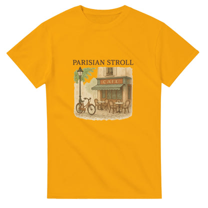 Fransk gata i retrostil på T-shirt för en nostalgisk promenad i Paris.