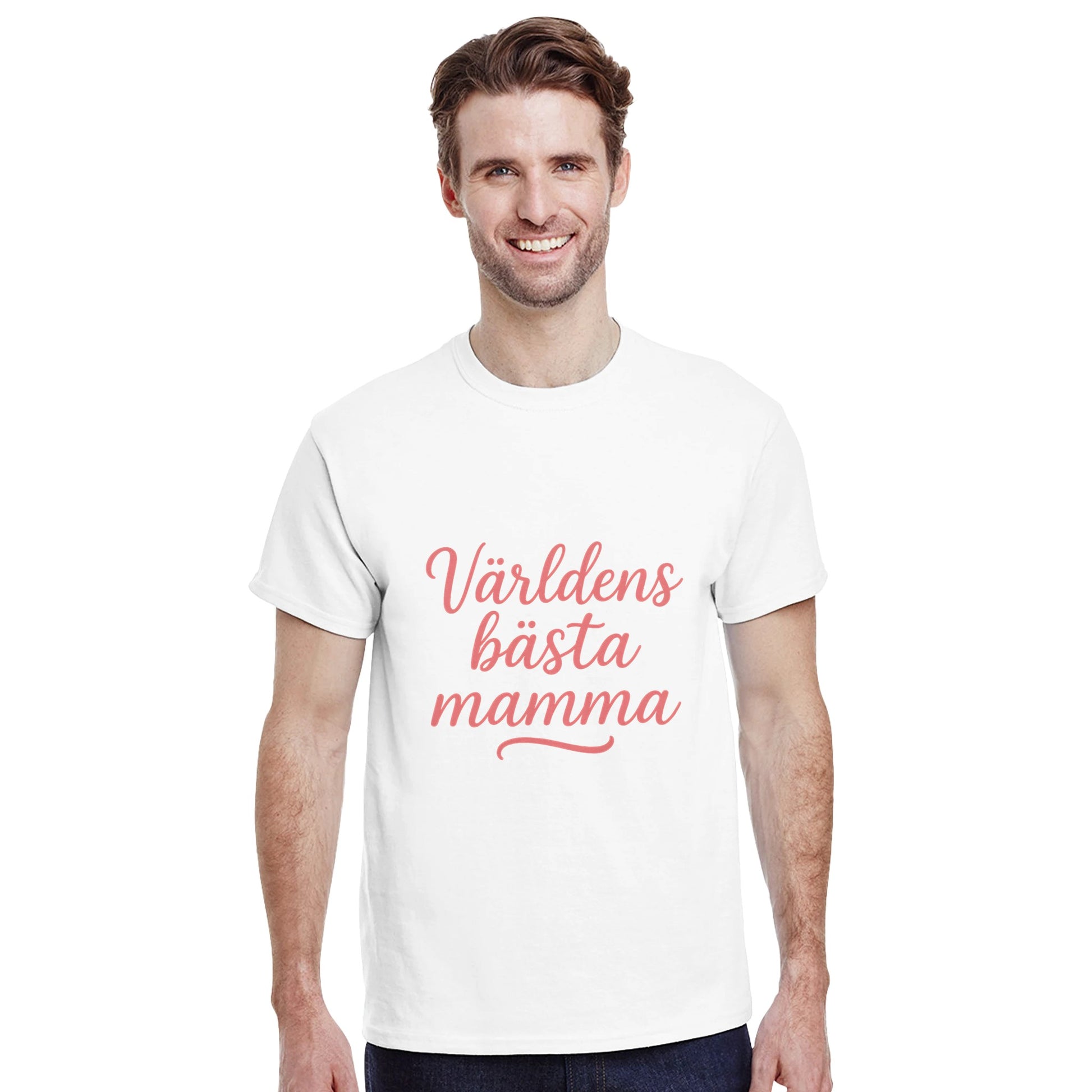 T-shirt med texten 'Världens bästa mamma' i svungen handskrift och varm rosa färg. Perfekt present till den bästa mamman!
