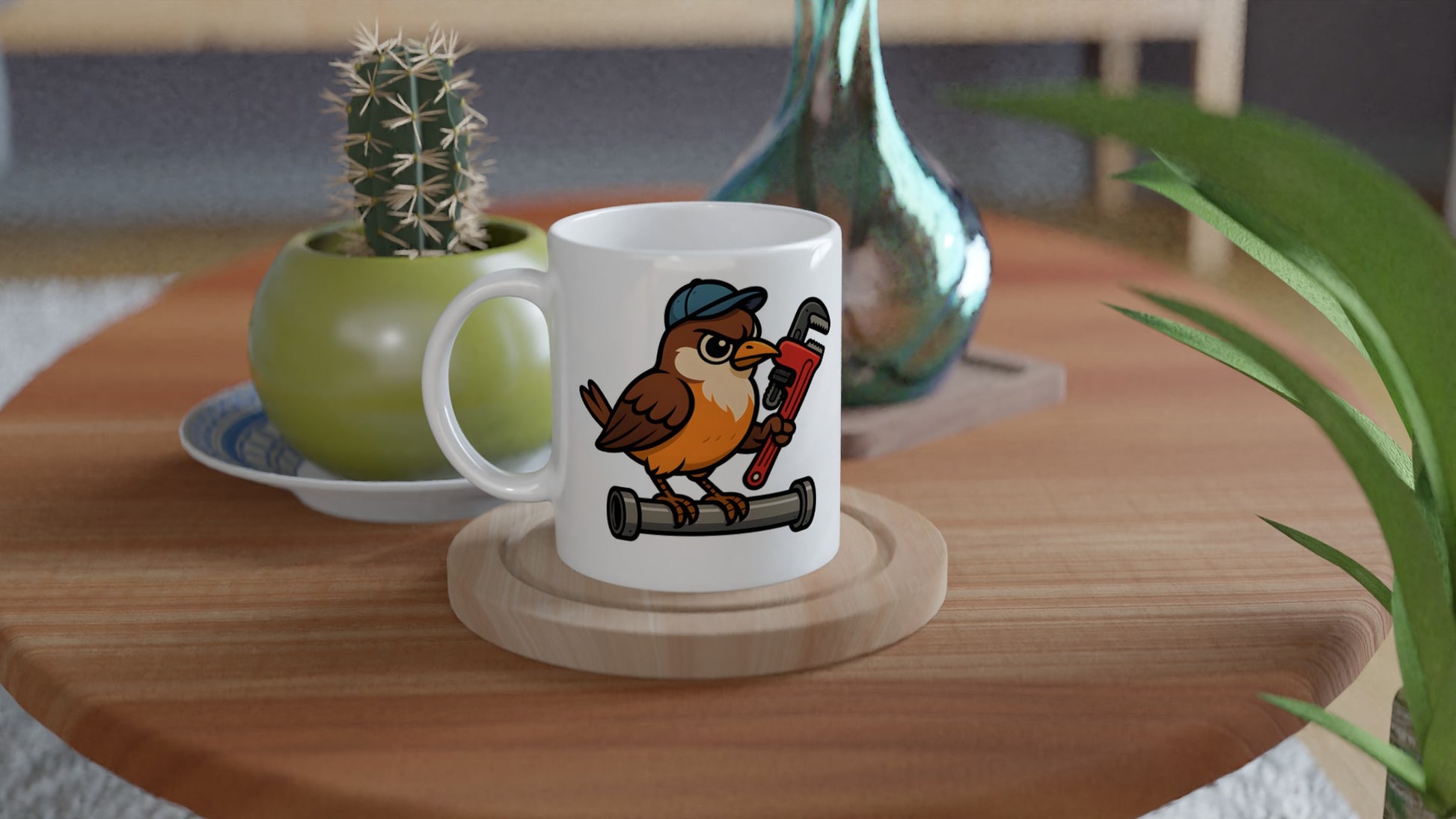 Fågel med rörtång visar sina rörmokarfärdigheter på rolig mugg för DIY-fans.