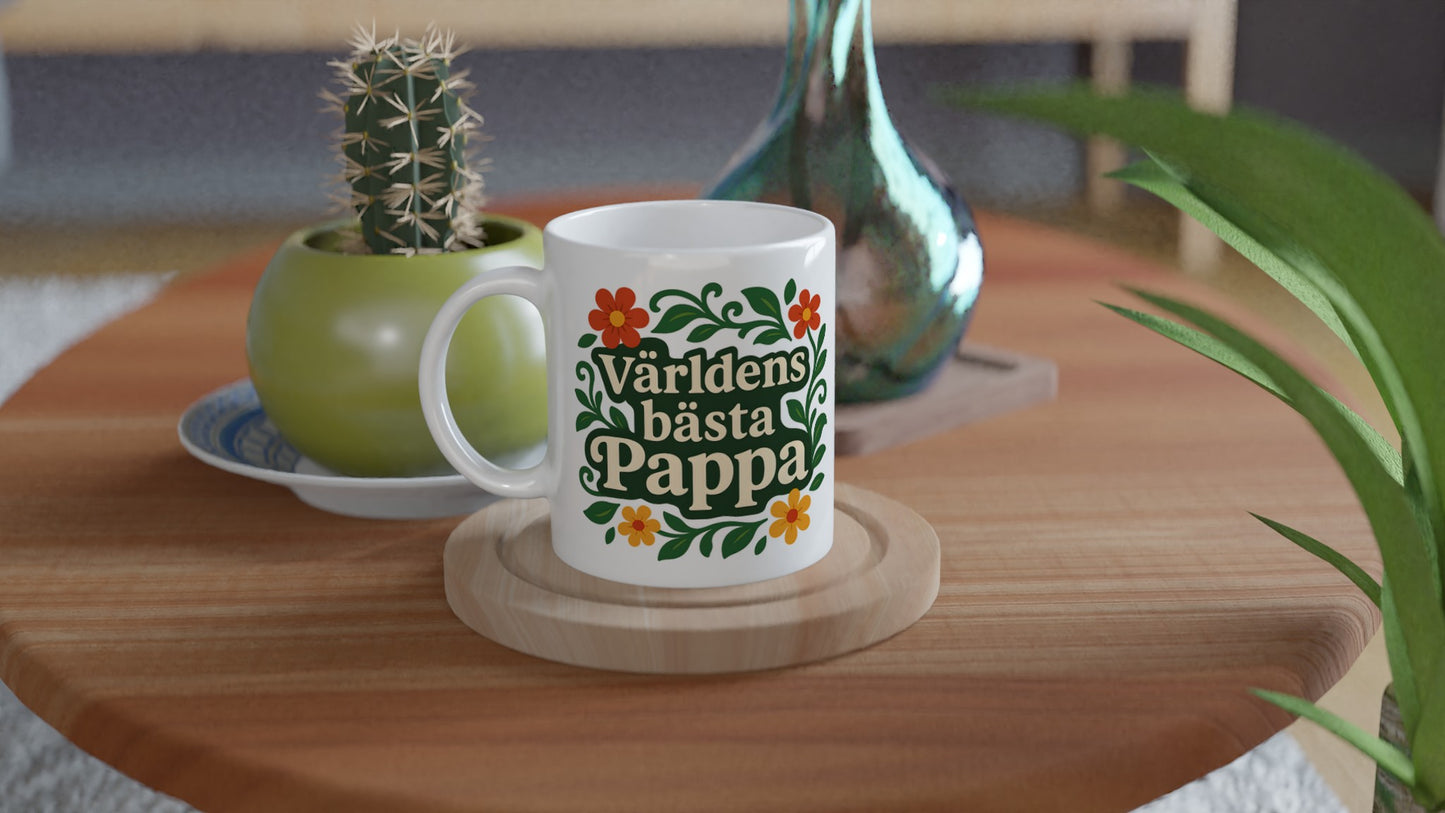 Mugg med florala element och texten Världens bästa pappa. Stilfull och mjuk design för en balanserad känsla.