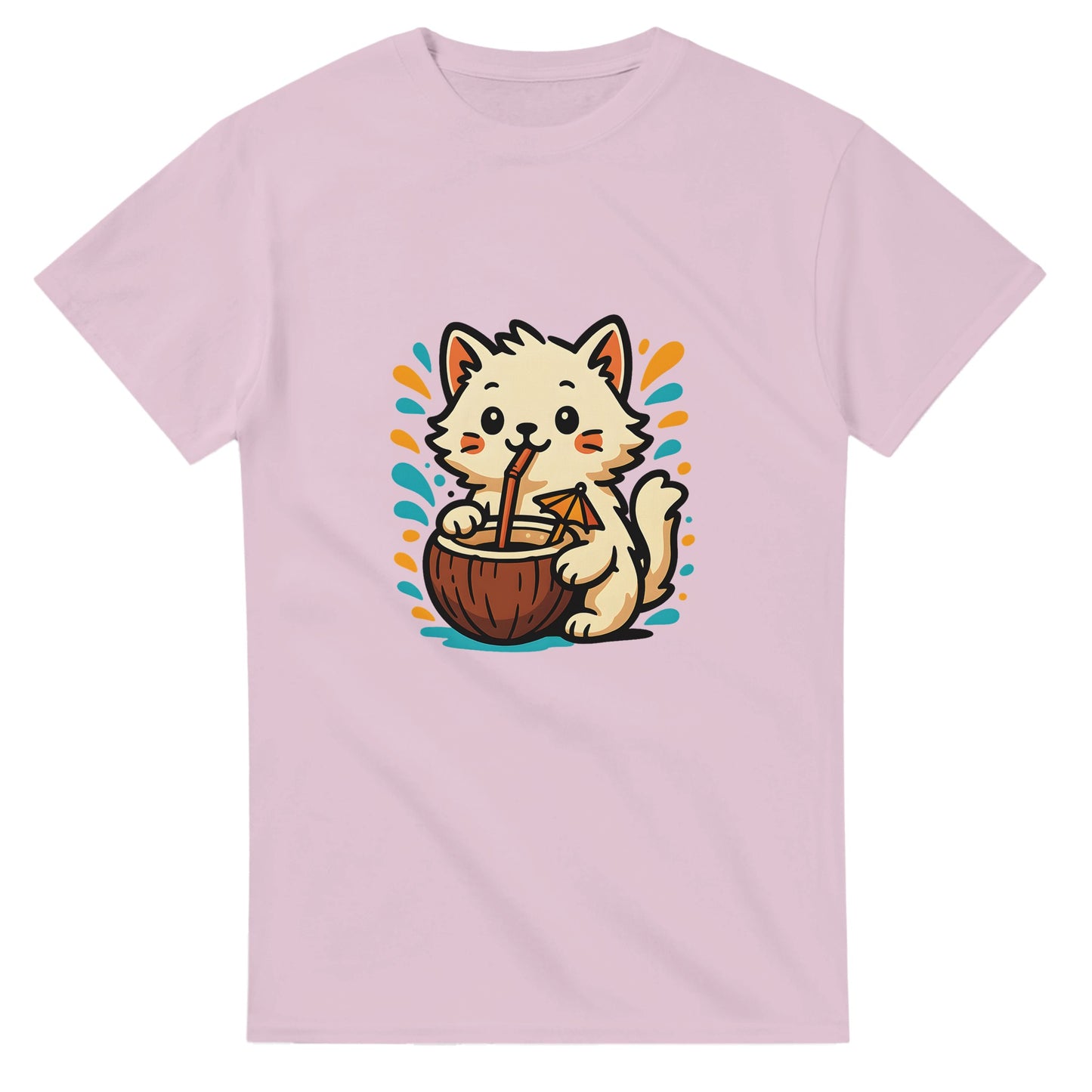 T-shirt med söt katt som dricker ur kokosnöt med sugrör och paraply, omgiven av tropiska färger. Somrig och lekfull look!