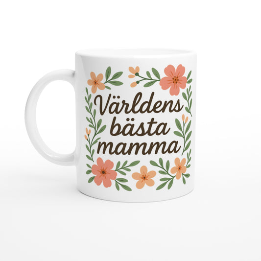 Elegant mugg med blommigt mönster, perfekt för att fira världens bästa mamma med en kopp kaffe.
