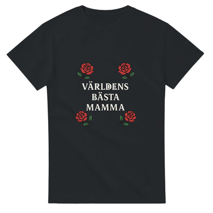 Mamma T-shirt med kärleksfull design av rosor och texten 'Världens bästa mamma'. Elegant och bärbar stil.