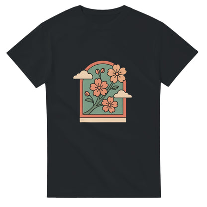 Japansk T-shirt med körsbärsblomdesign för en nostalgisk resa till Japan.
