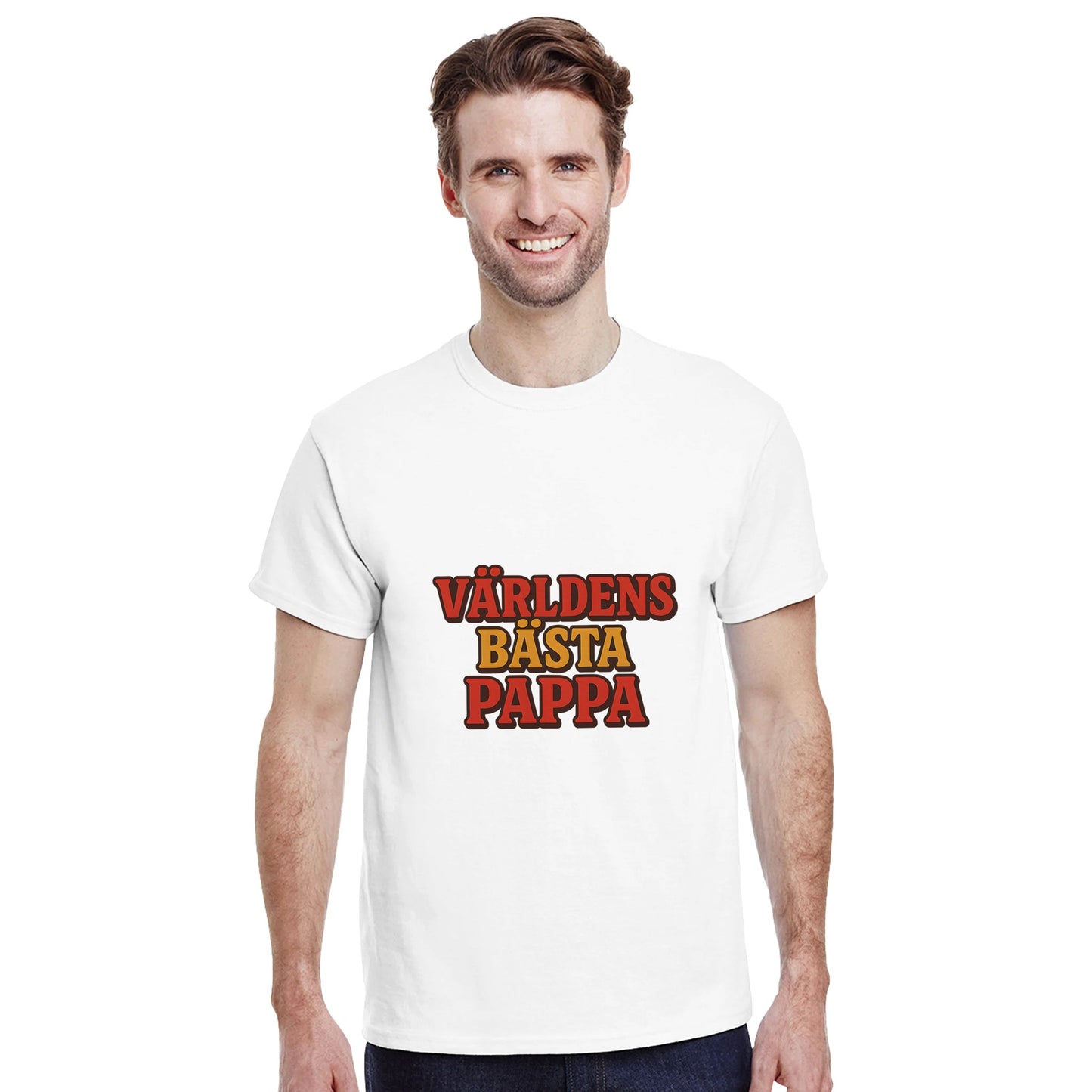 T-shirt med 'Världens bästa pappa' i vintage-stil, röd och gul toning.