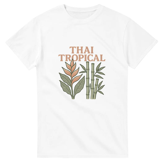 Vintage t-shirt med tropiska växter från Thailand, perfekt för att ta med sig på resan.