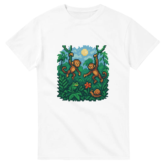 8-bitars djungelresa t-shirt med pixelapor och lianer för äventyrliga äventyrare.