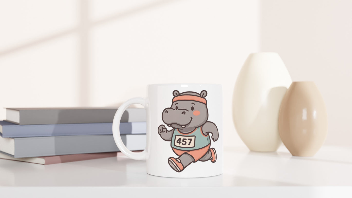 Mugg med rolig flodhäst i löparlinne och pannband, perfekt för att starta dagen med ett leende.