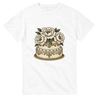 T-shirt med vitt porslin och eleganta pioner som ger en klassisk och gräddig känsla av sekelskiftet.