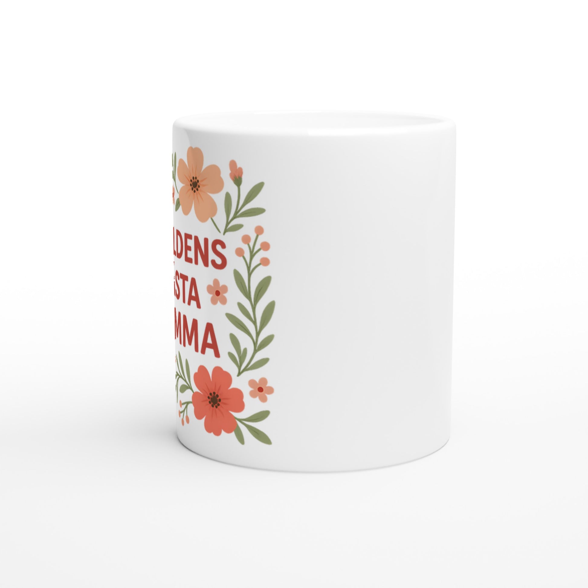 Elegant mugg för mamma med blomsterdesign och texten 'Världens bästa mamma'. Perfekt för favoritdrycken!