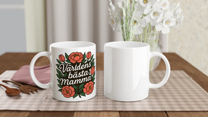 Mugg med budskapet Världens bästa mamma inbäddat i en blomkrans. Perfekt gåva för mamma.