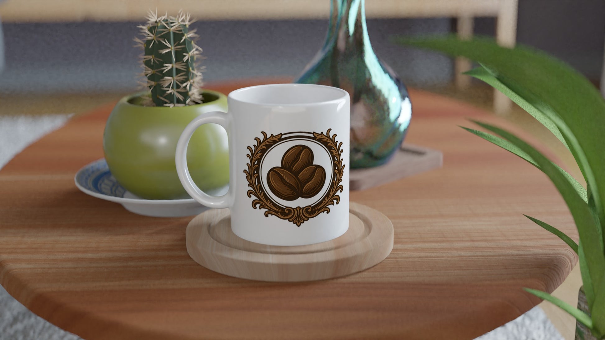 Mugg med antik emblem och kaffebönor, perfekt för retroälskande kaffeentusiaster.