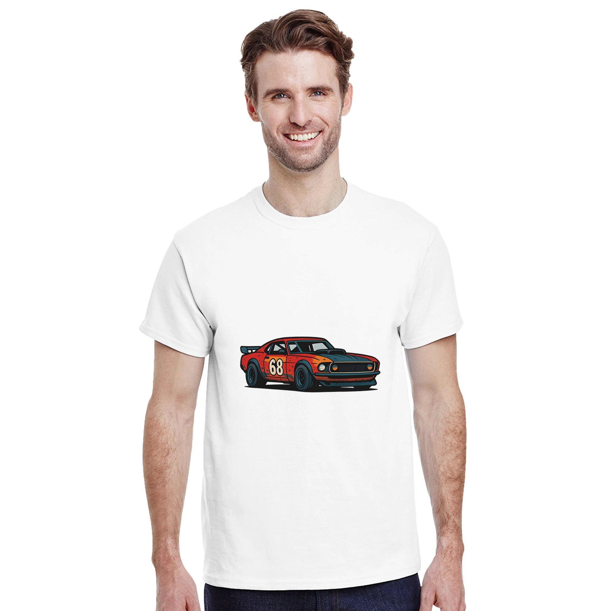 T-shirt med gatuloppstema och en vintage bil med en historia av fart och förändring.