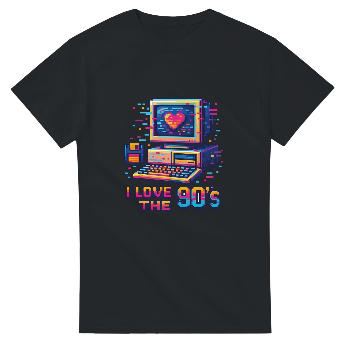 T-shirt med 90-tals pixelart-design av datorer och disketter i livliga färger och glitch-effekt. Perfekt för spelentusiaster.