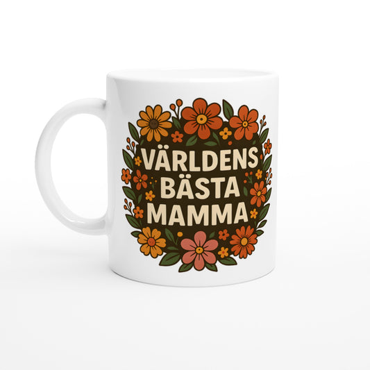 Mugg med texten 'Världens bästa mamma' inramad av blomsterprakt. Perfekt gåva till mamma!