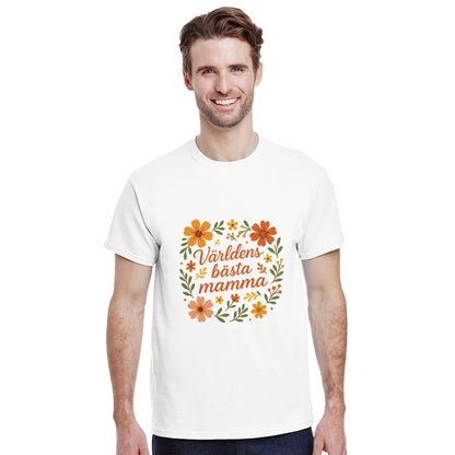 Blommig T-shirt för världens bästa mamma. Luftig design med varm hälsning. Perfekt gåva till morsdag!