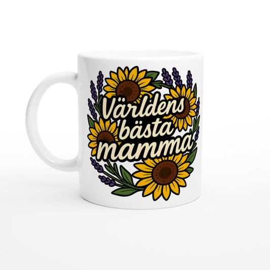 Mugg med texten Världens bästa mamma och blomsterkrans. Perfekt gåva för en kärleksfull mamma.