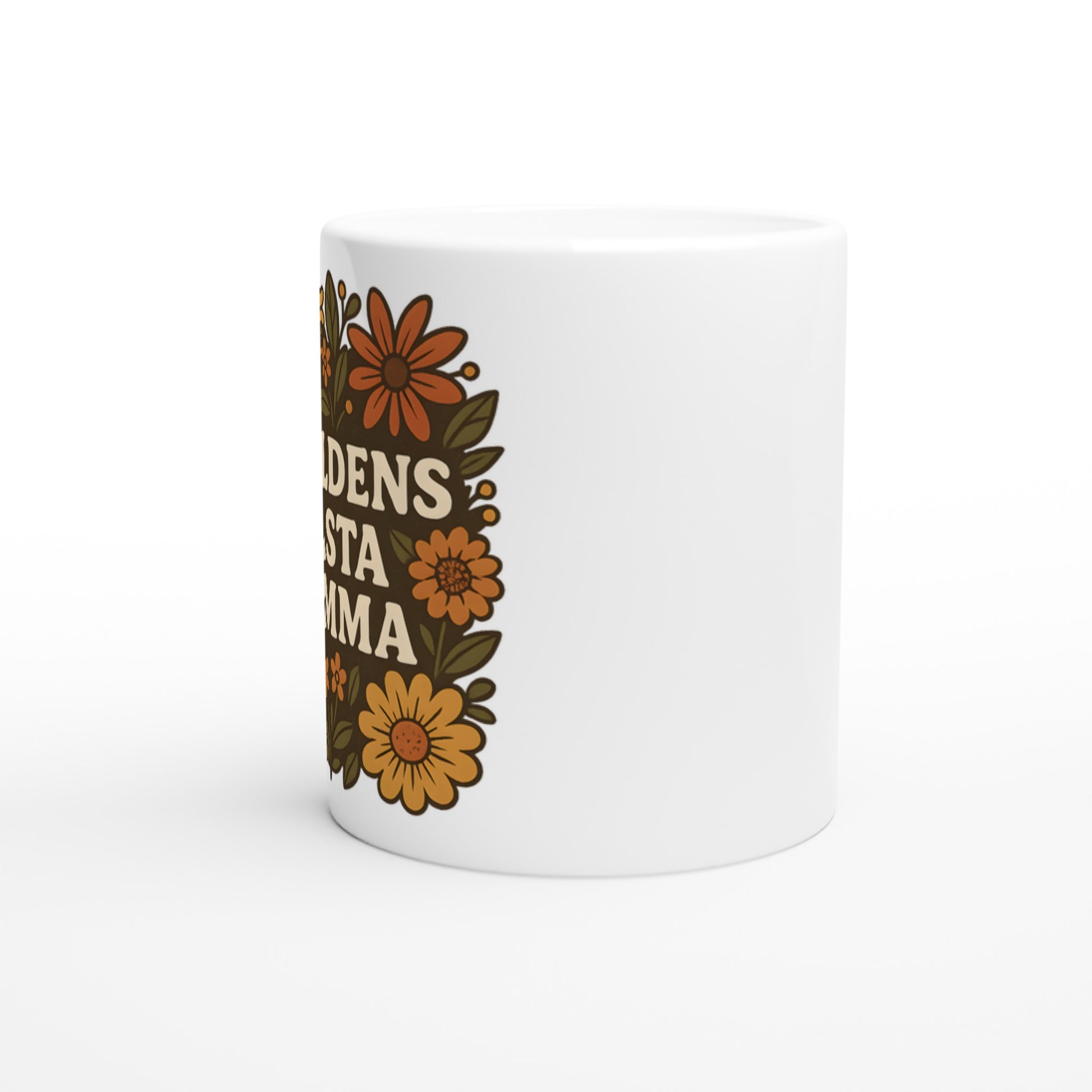 Mugg med texten 'Världens bästa mamma' omgiven av vackra blomster i varma nyanser. En perfekt hyllning till mamma.