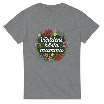 T-shirt med blommor och text, perfekt för att hylla världens bästa mamma med stil och elegans.