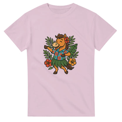 Häst i Hawaii-skjorta och gräs-kjol dansar hula, perfekt för tropikälskaren!