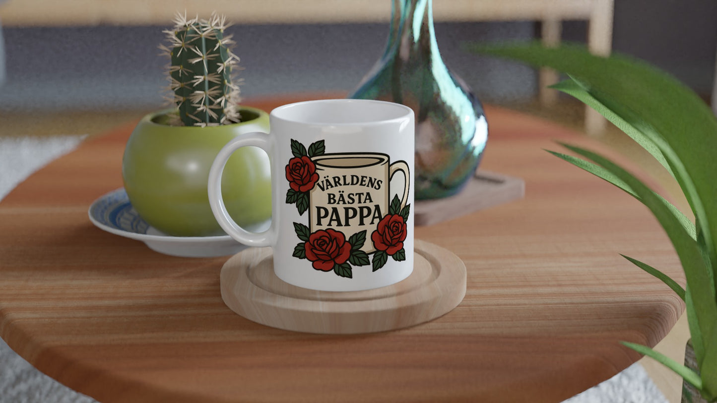 Mugg med rosdesign och typografi, perfekt för världens bästa pappa. Skönhet och känsla i en.