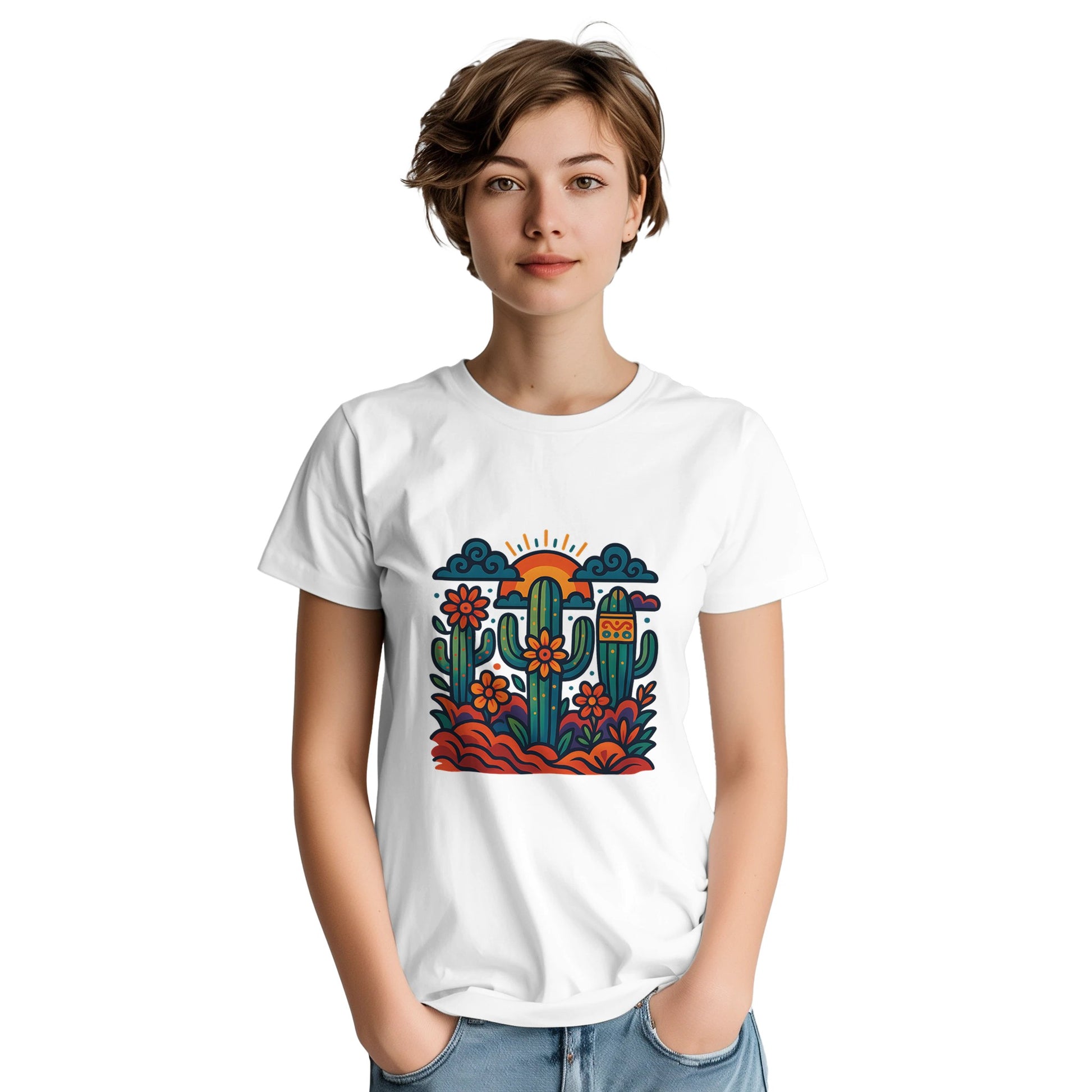 T-shirt med drömsk design av kaktusar och mexikansk folklore. Färgstark och unik.
