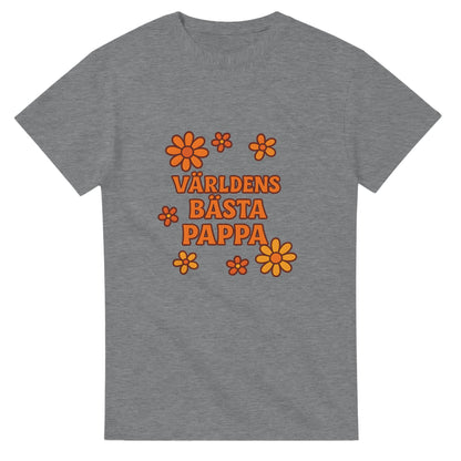 T-shirt med 'Världens bästa pappa' och dekorativa blommor i varma färger.