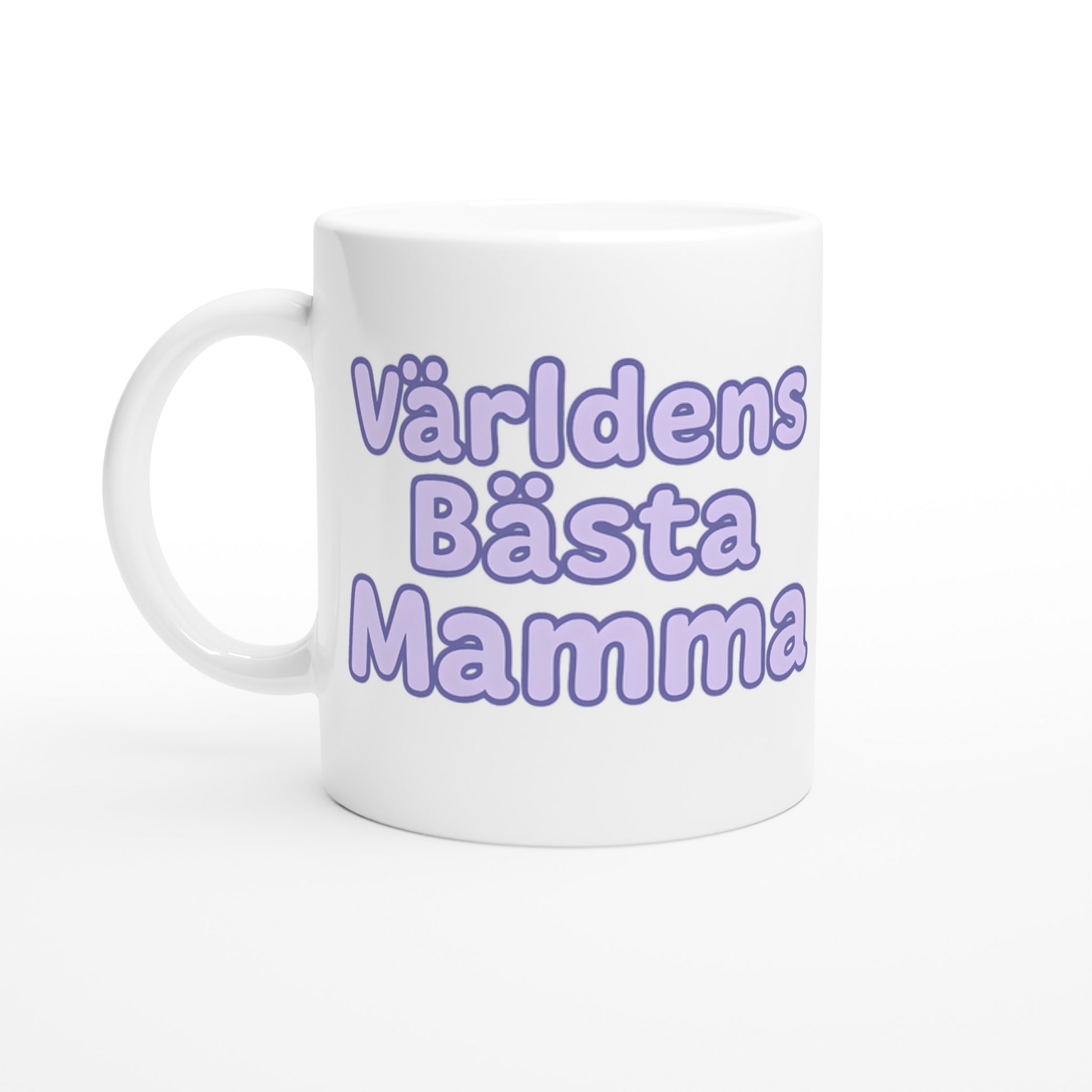 T-shirt med lekfull text 'Världens bästa mamma'. Mysig mugg i pastell-lila nyans och rund font.