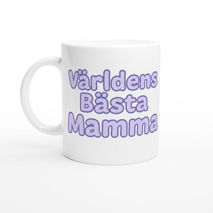 T-shirt med lekfull text 'Världens bästa mamma'. Mysig mugg i pastell-lila nyans och rund font.